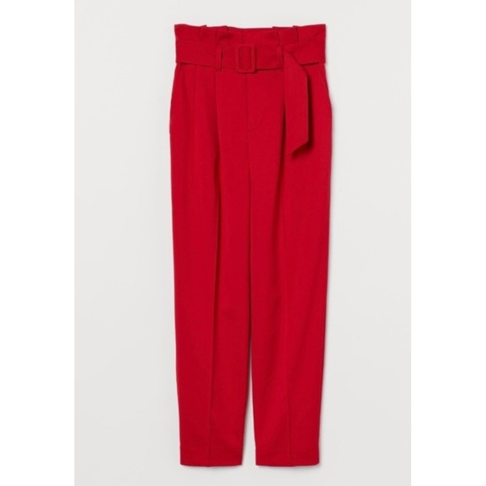HM Womens Red Paperbag Waist Belted Tapered Trousers Pants Size 10 Ankle Length